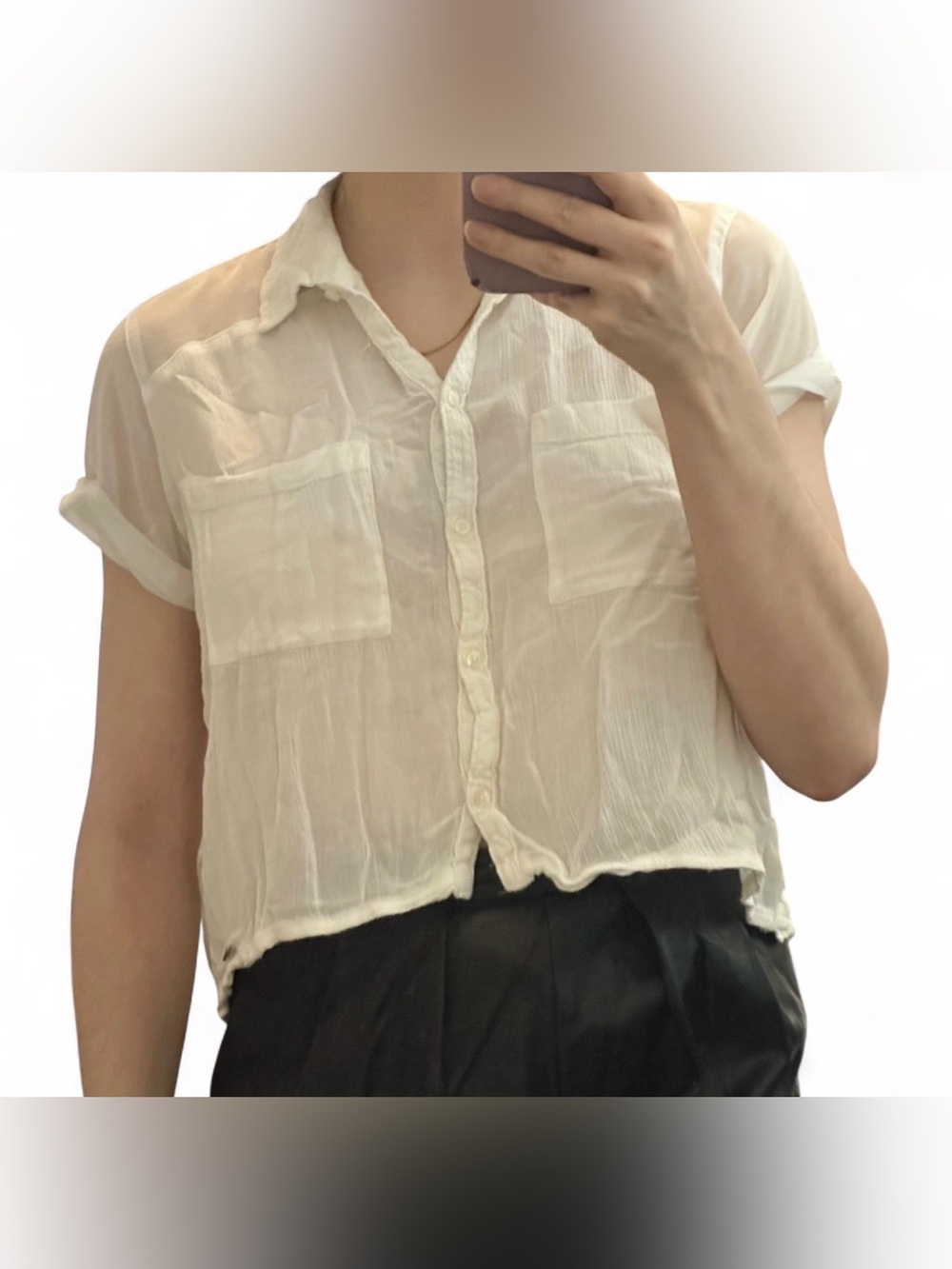 American Eagle Outfitters White Semi-Sheer Button Down High Low Top Size Small